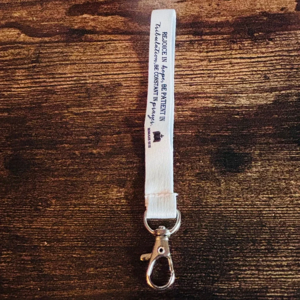 Romans 12:12 Scripture Wristlet Keychain White Fabric Bible Verse Lanyard Clasp